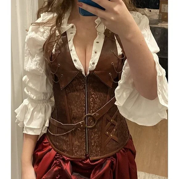 Steampunk Corset Top Steel Boned Underbust Renaissance Brown Leather Cosplay NWT - Picture 1 of 11